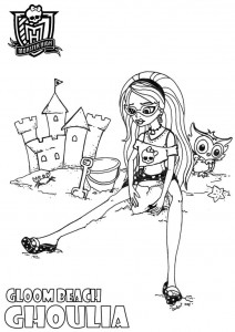 Dibujo para pintar de Ghoulia Yelps Gloom Beach. En la playa con su mascota, el buho Señor Ululo.